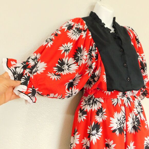 VTG Fancy Fashions Texas Square Dance 2-Pc Dress Skirt Blouse Red Black Ruffles - Picture 3 of 16